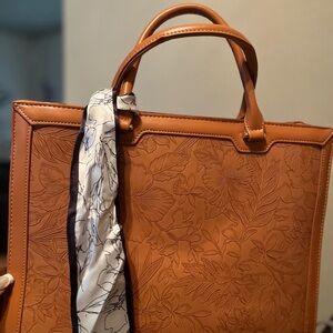 Floral Embossed Tan Handbag